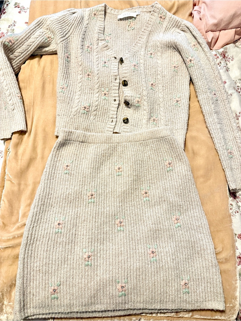 Astr Cream Knit Floral Embroidered Cardigan & Skirt Set